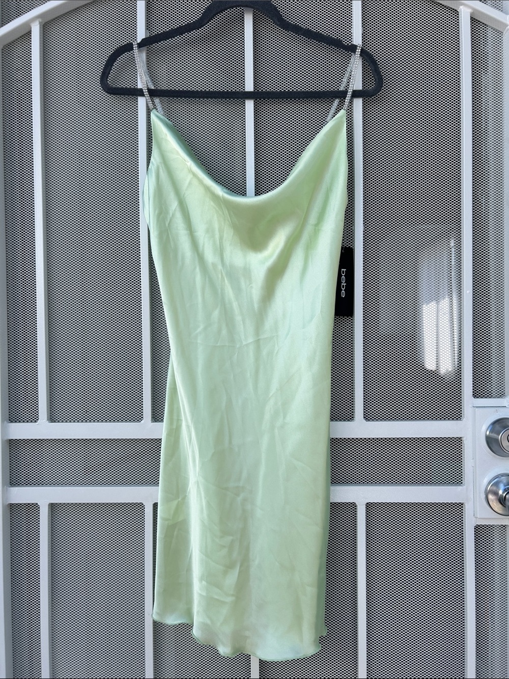Bebe Light Green Satin Slip Dress with Cowl Neck